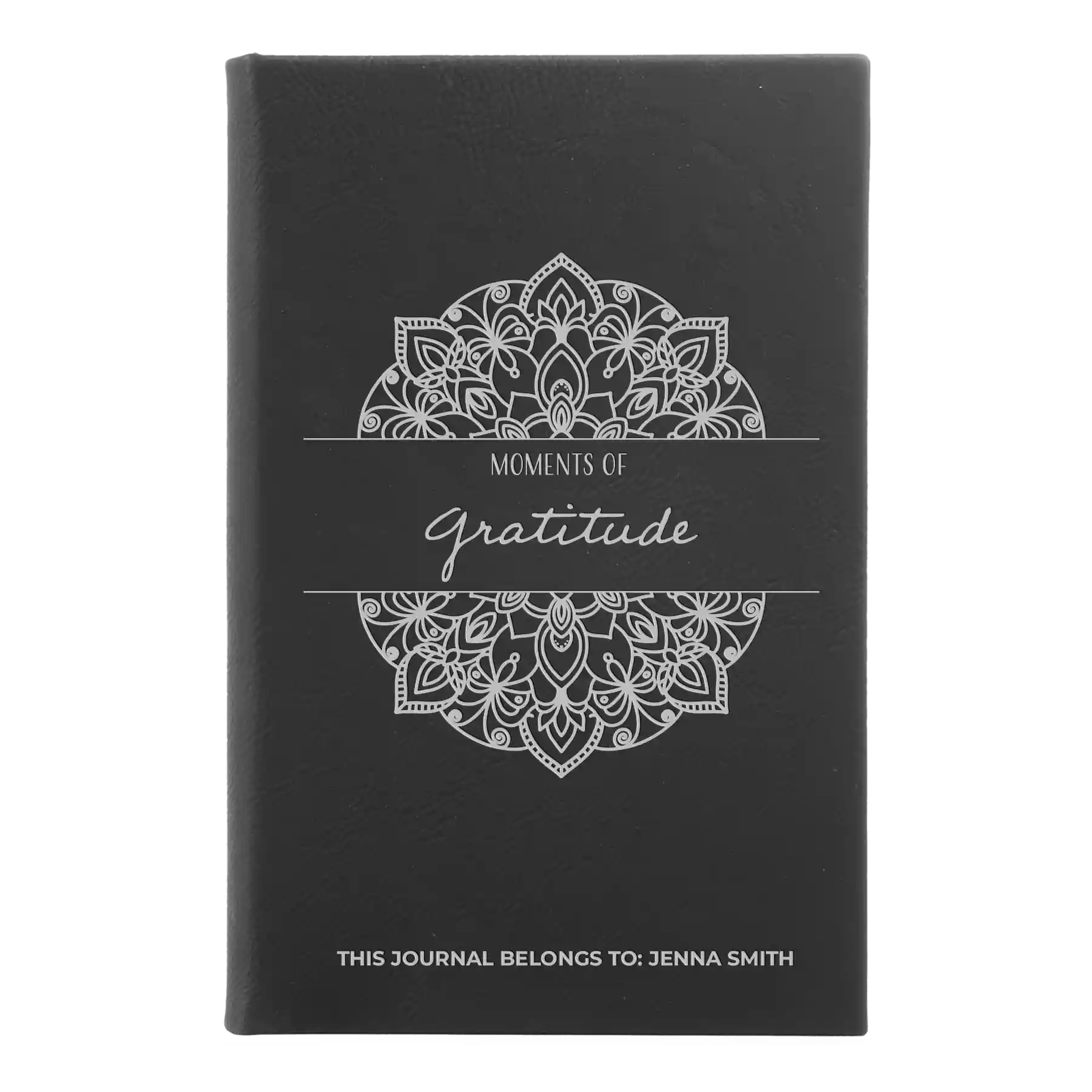 Small black/silver leatherette journal laser etched with 'Moments of Gratitude' design