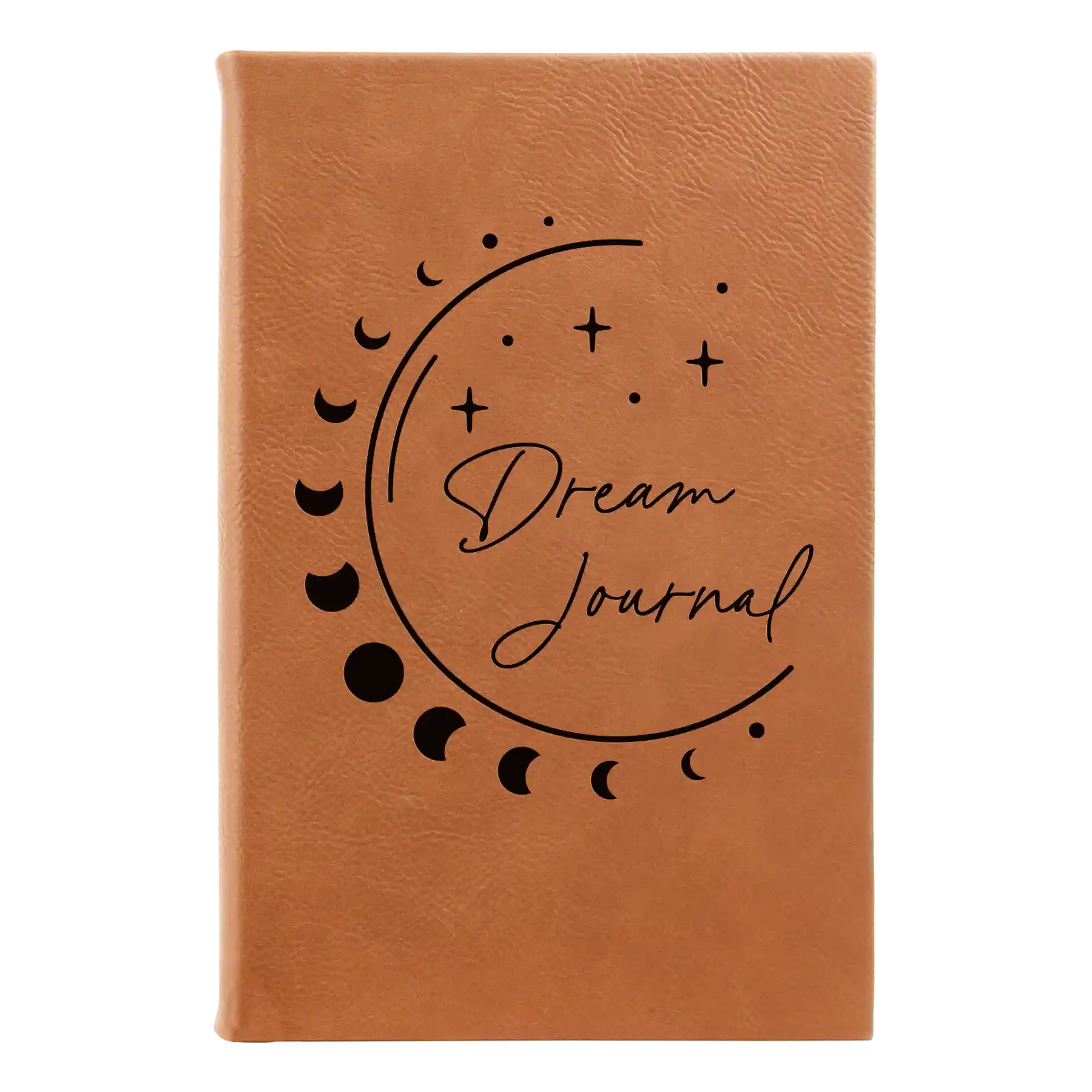 Small rawhide leatherette sketch book laser etched with 'Moon Dream Journal' design