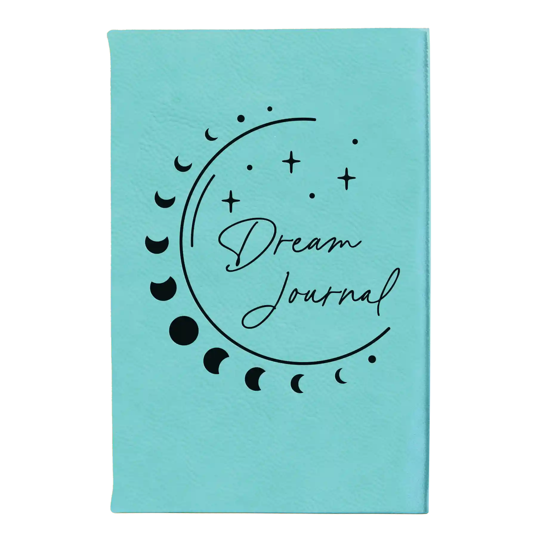 Small teal leatherette journal laser etched with 'Moon Dream Journal' design