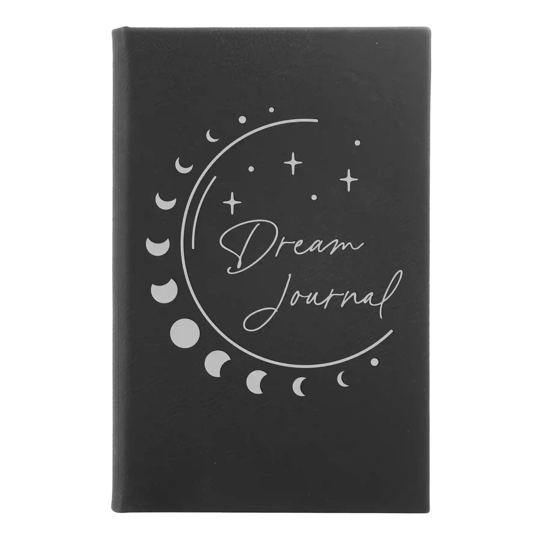 Small black/silver leatherette journal laser etched with 'Moon Dream Journal' design