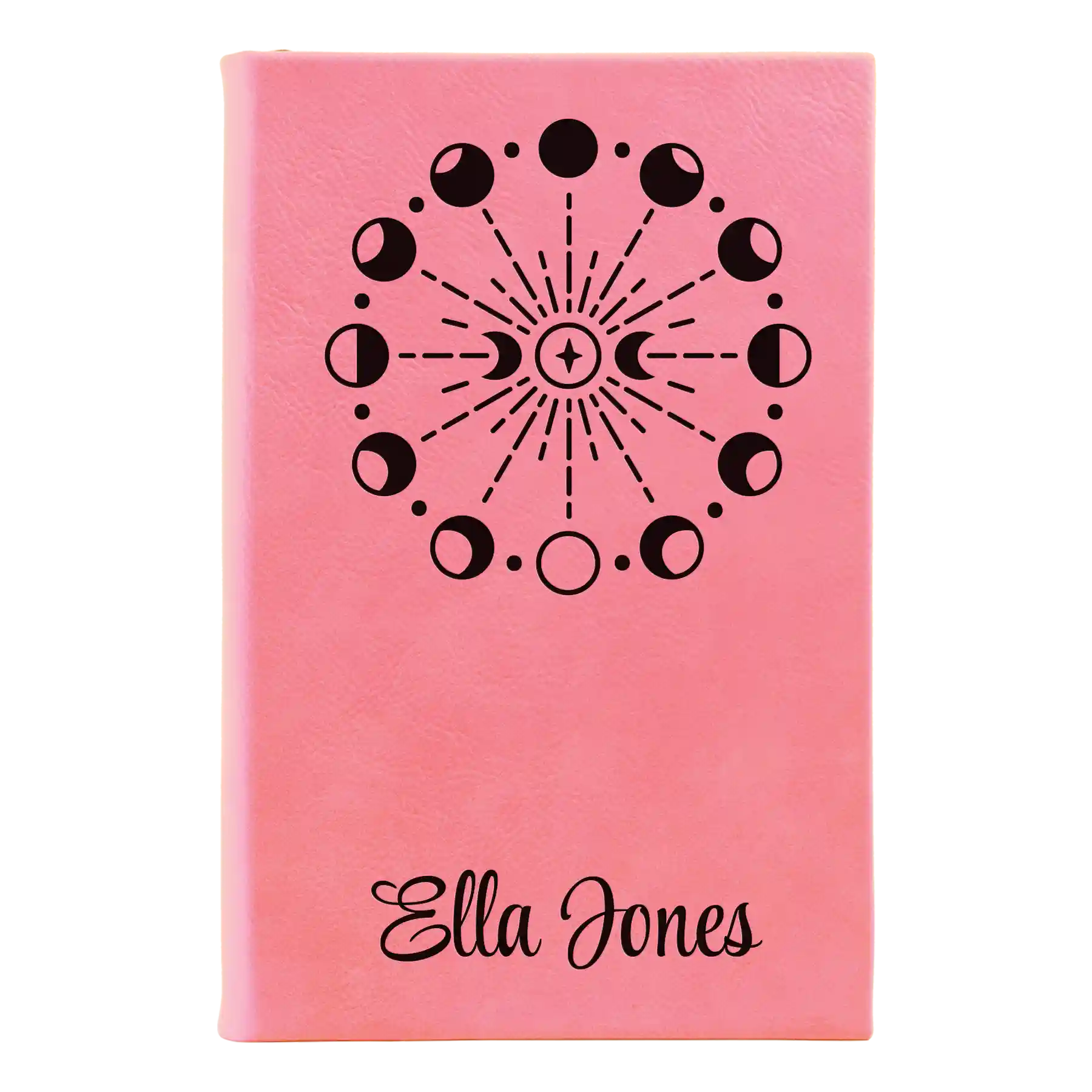 Small pink leatherette journal laser etched with 'Moon Phase' design