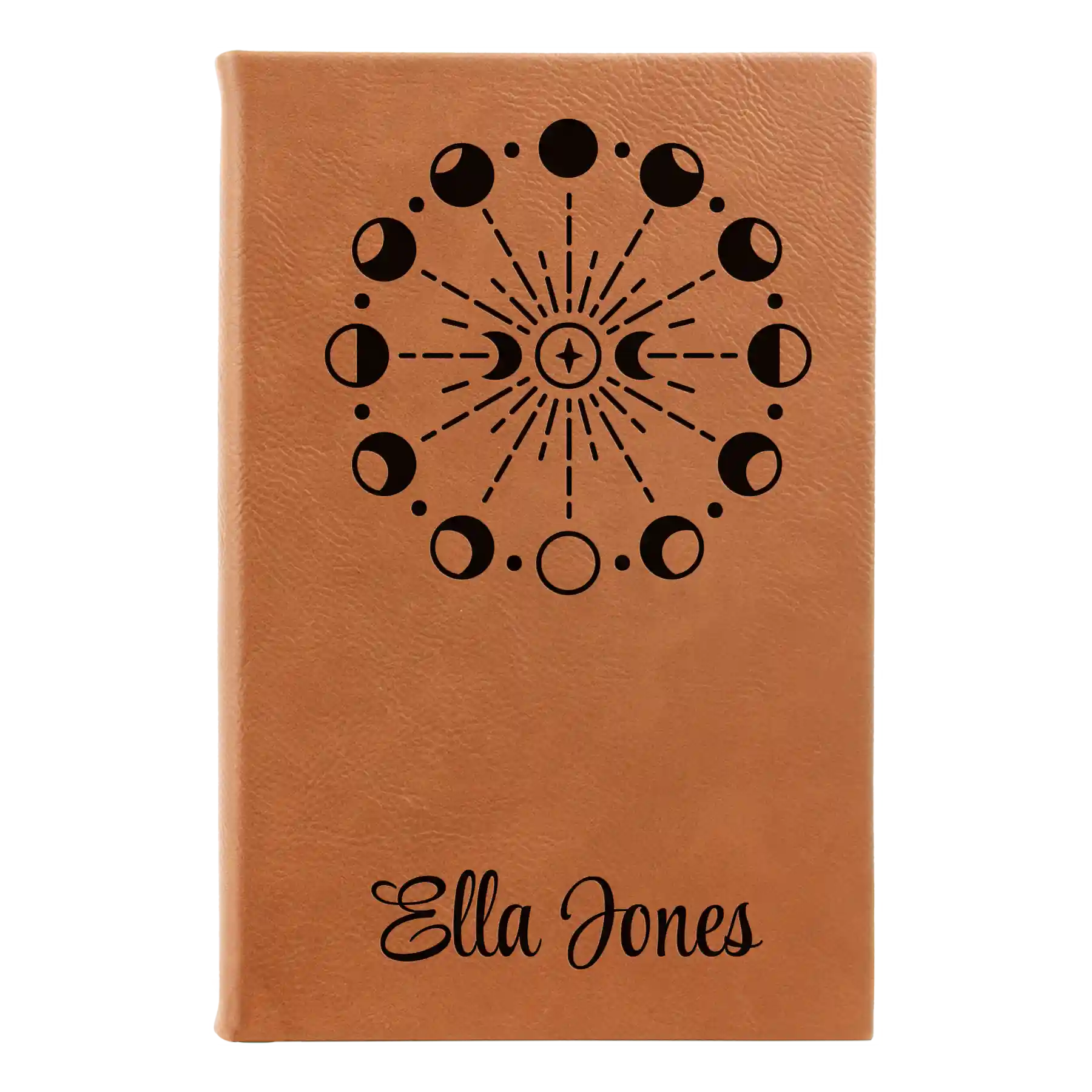 Small rawhide leatherette sketch book laser etched with 'Moon Phase' design