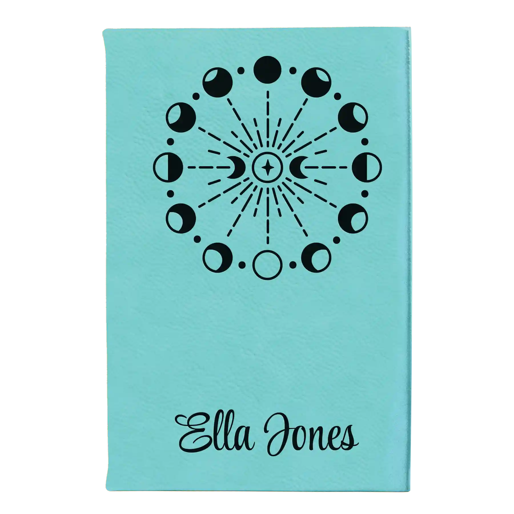 Small teal leatherette journal laser etched with 'Moon Phase' design