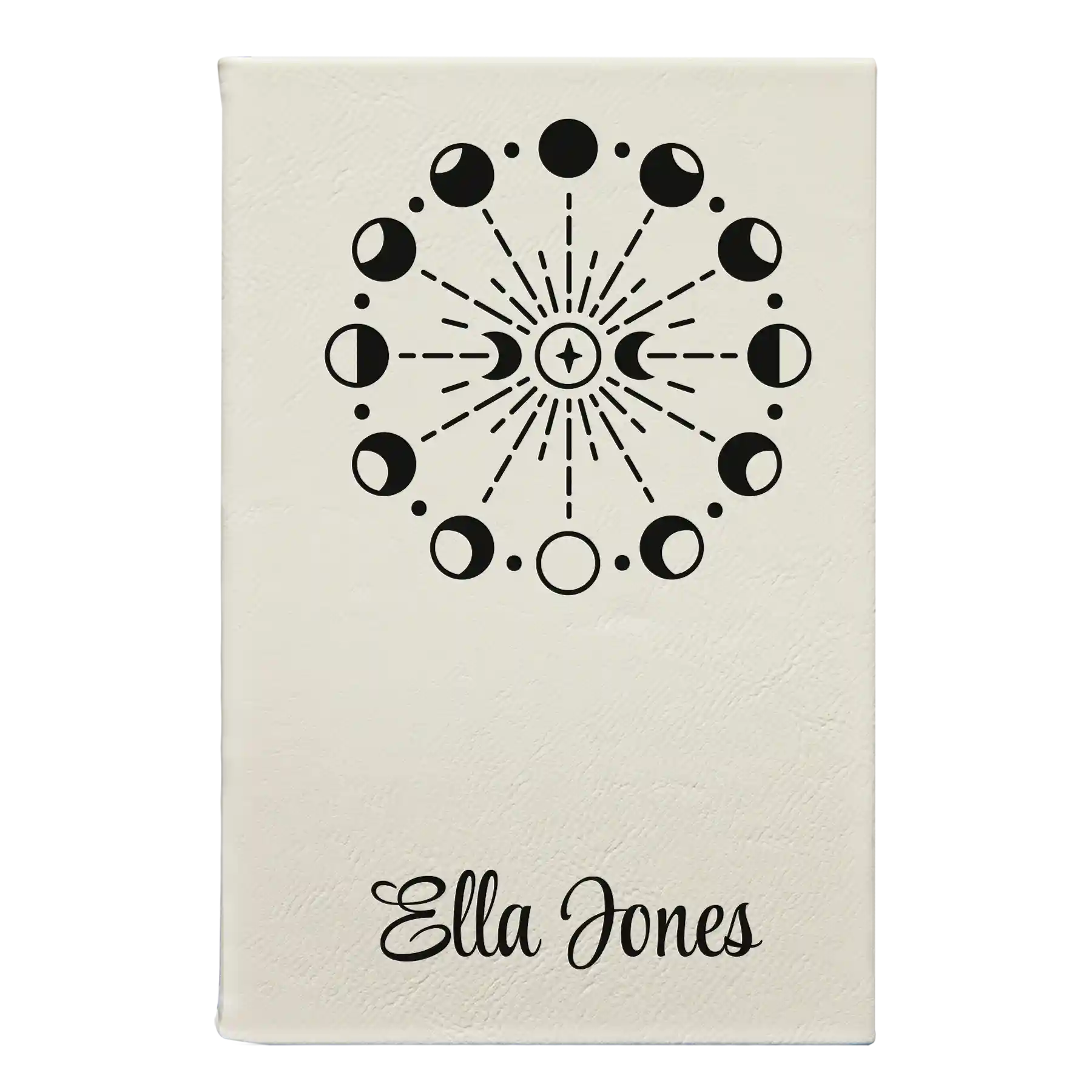 Small white leatherette sketch book laser etched with 'Moon Phase' design
