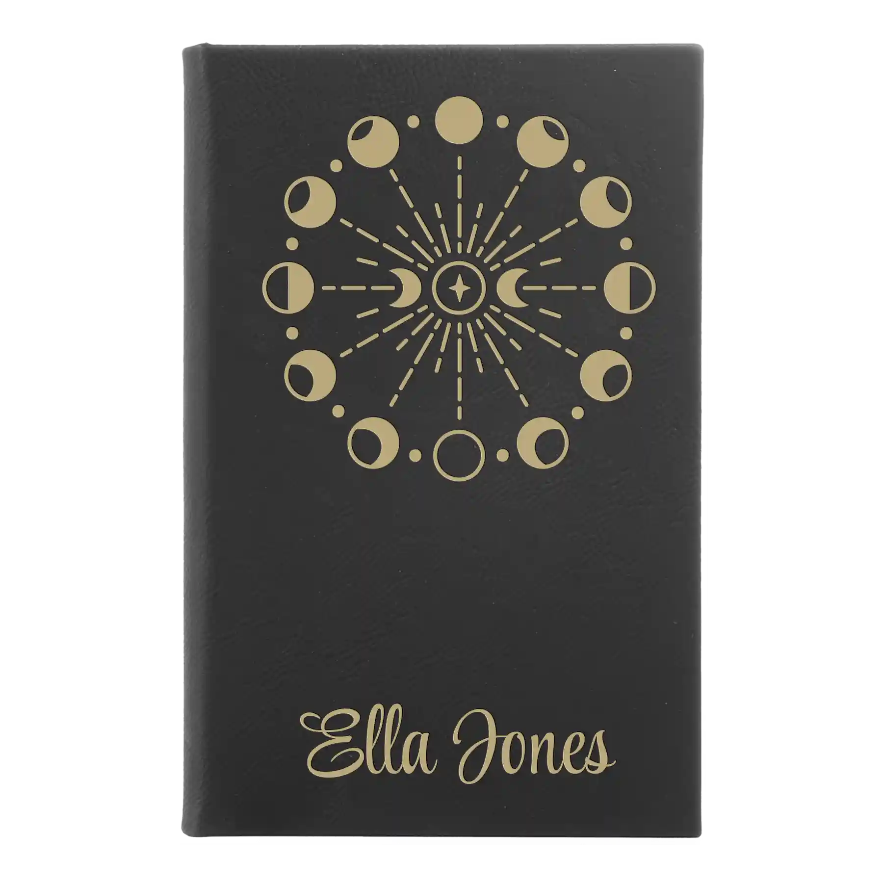 Small black/gold leatherette journal laser etched with 'Moon Phase' design