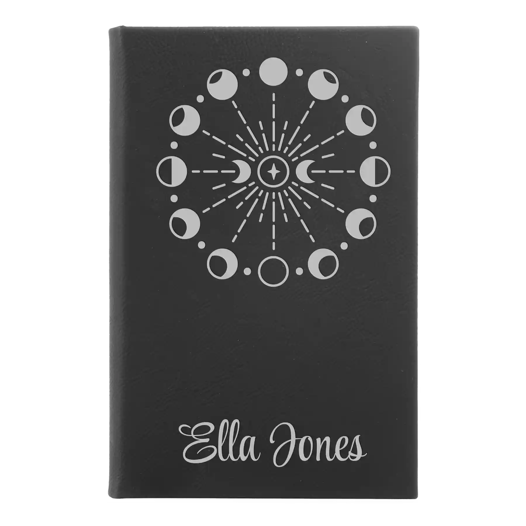 Small black/silver leatherette journal laser etched with 'Moon Phase' design