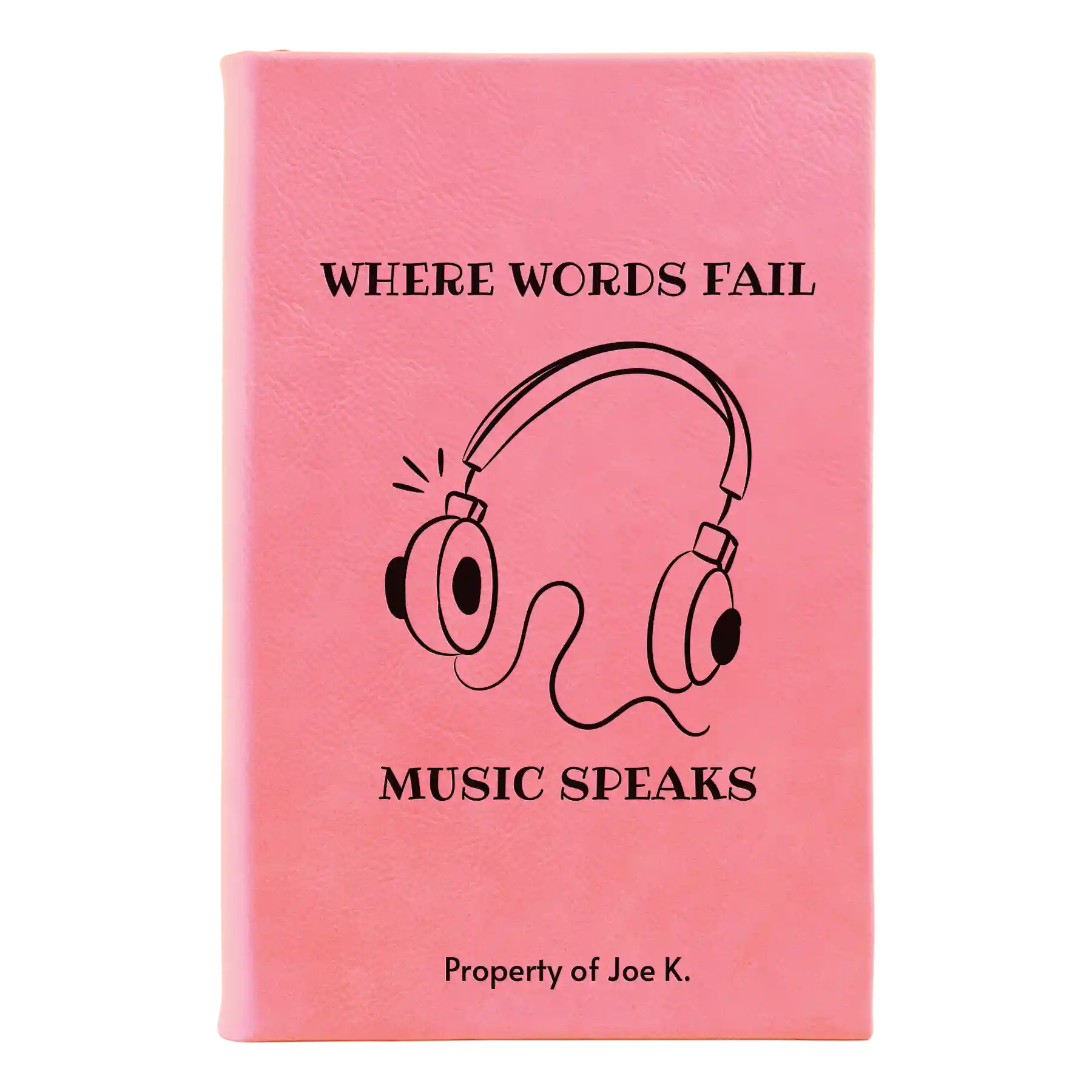 Small pink leatherette journal laser etched with 'Music Speaks' design