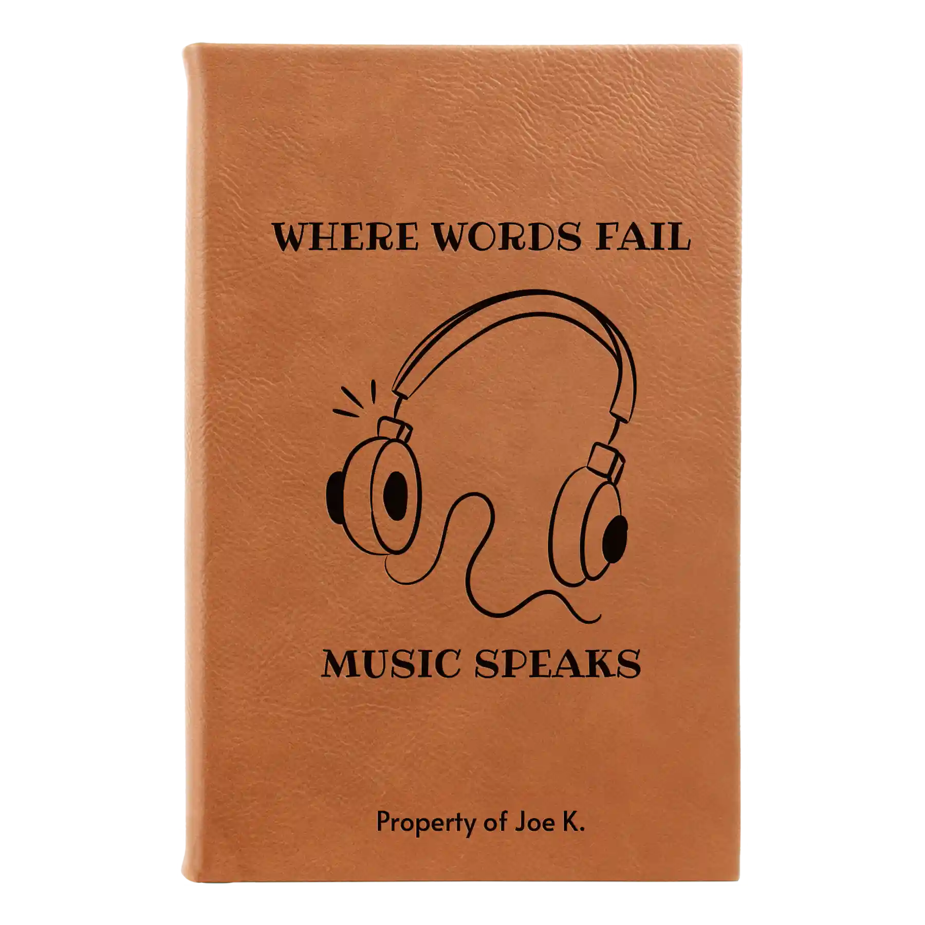 Small rawhide leatherette journal laser etched with 'Music Speaks' design