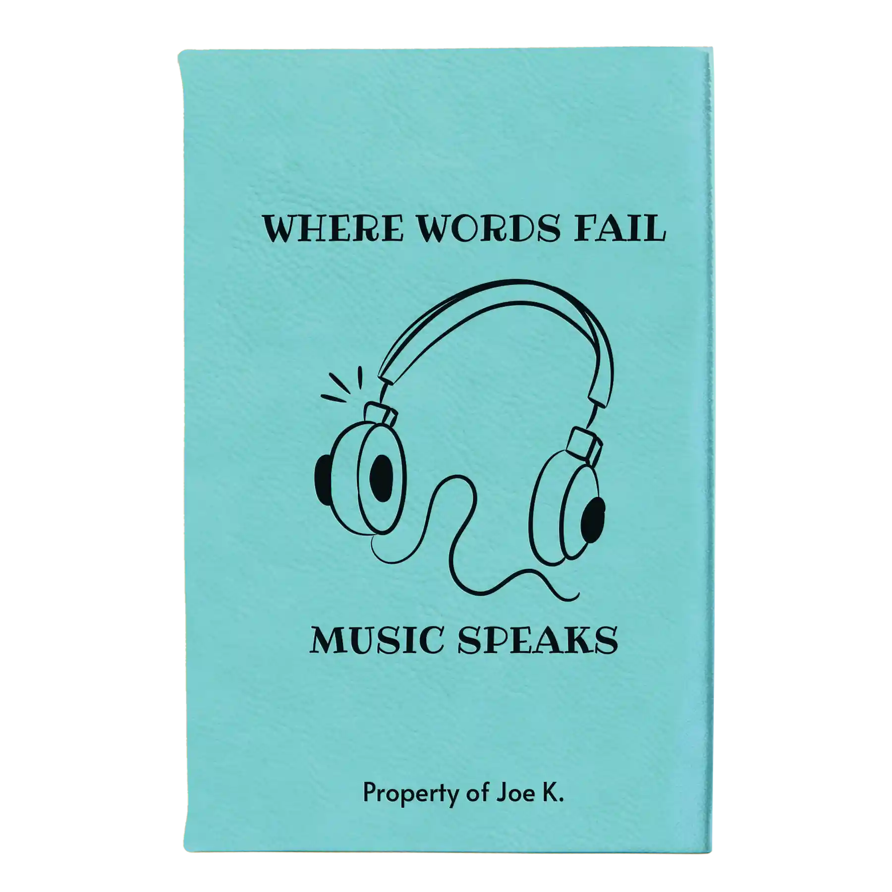 Small teal leatherette journal laser etched with 'Music Speaks' design