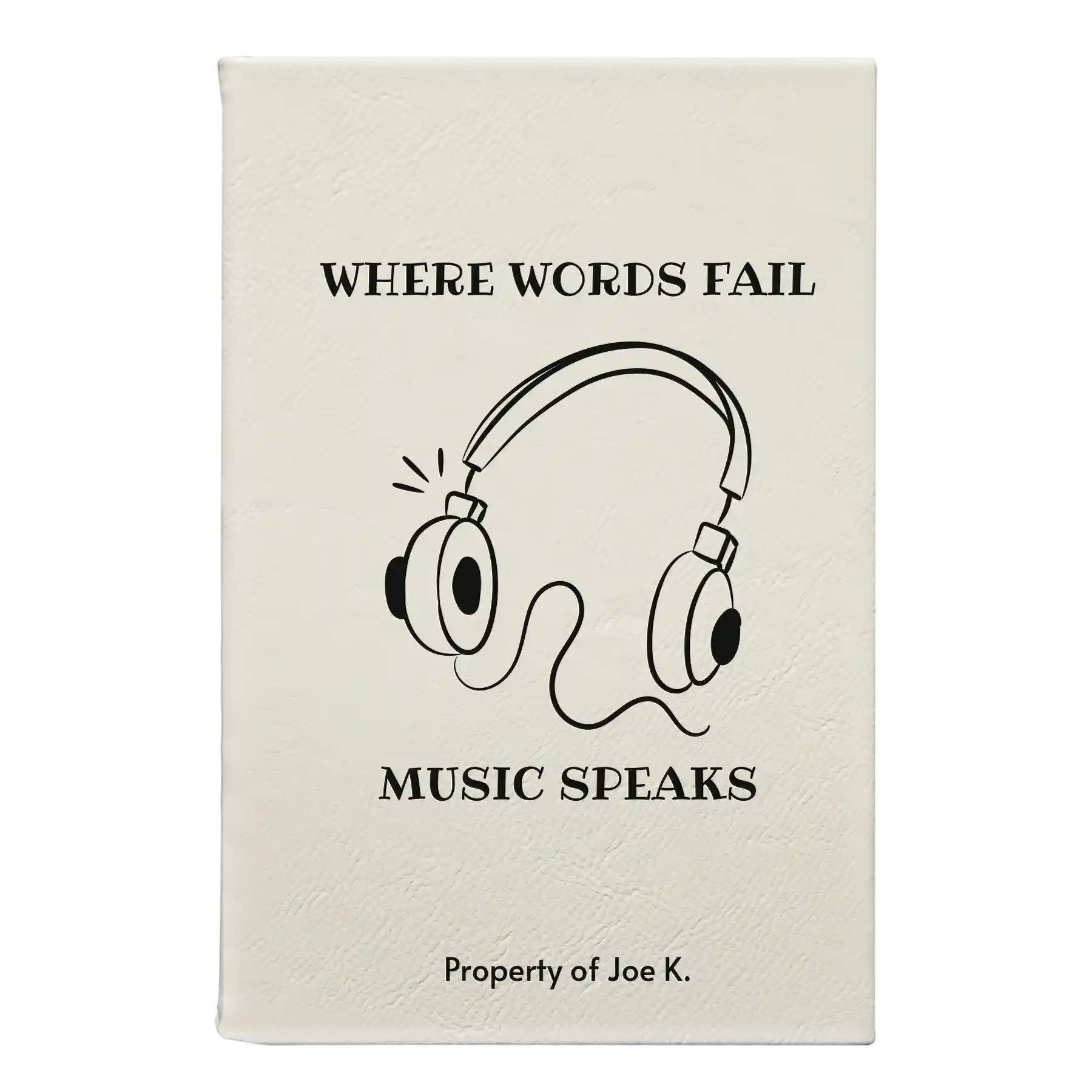 Small white leatherette sketch book laser etched with 'Music Speaks' design