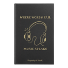 Small black/gold leatherette journal laser etched with 'Music Speaks' design