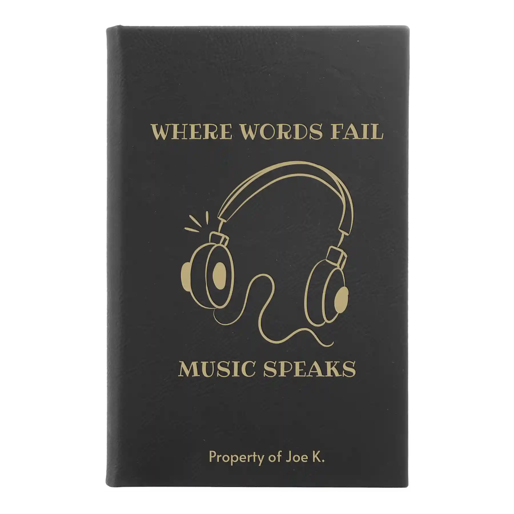 Small black/gold leatherette journal laser etched with 'Music Speaks' design