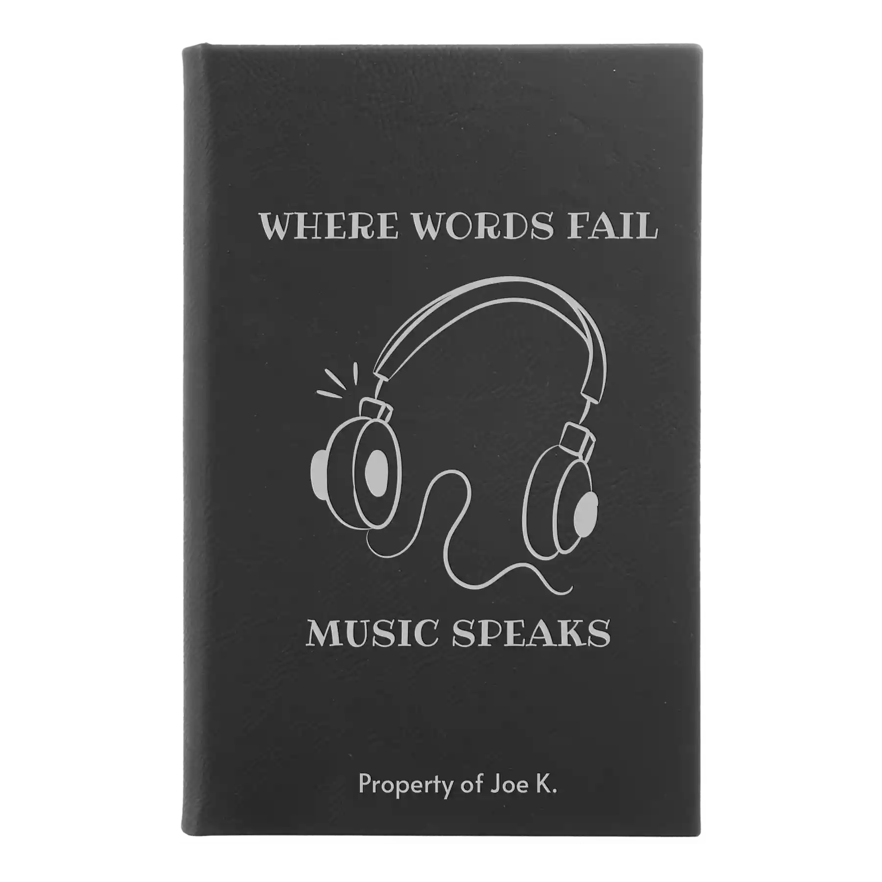 Small black/silver leatherette journal laser etched with 'Music Speaks' design