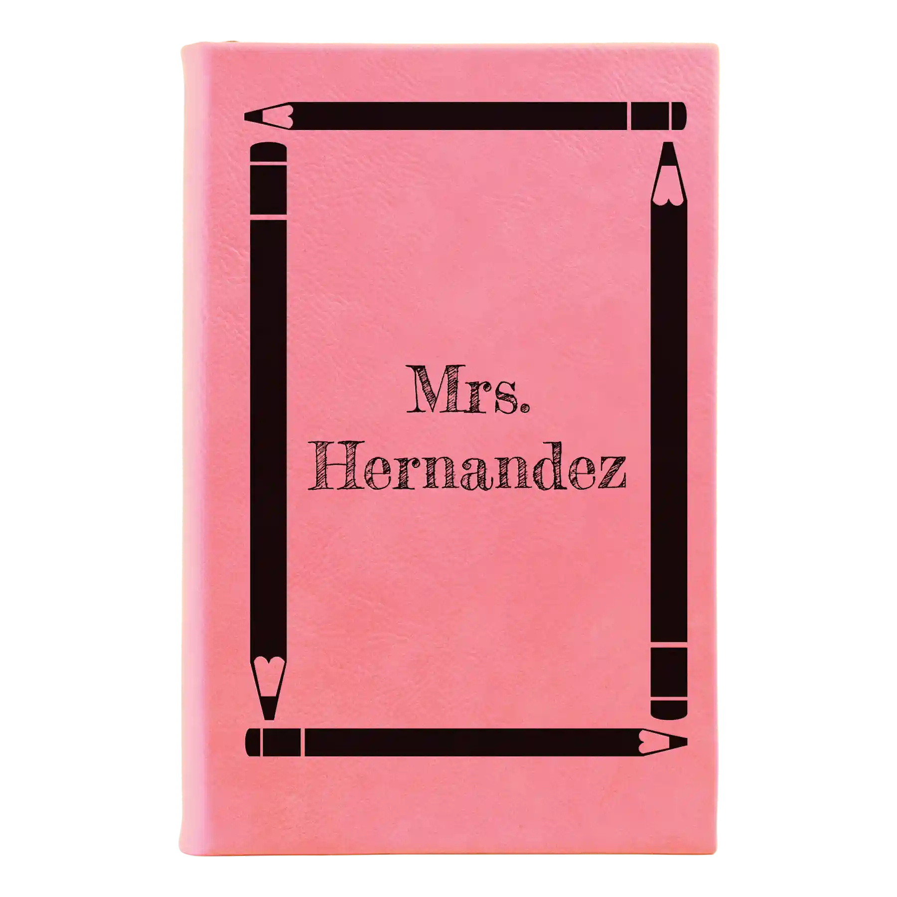 Small pink leatherette journal laser etched with 'Pencils' design