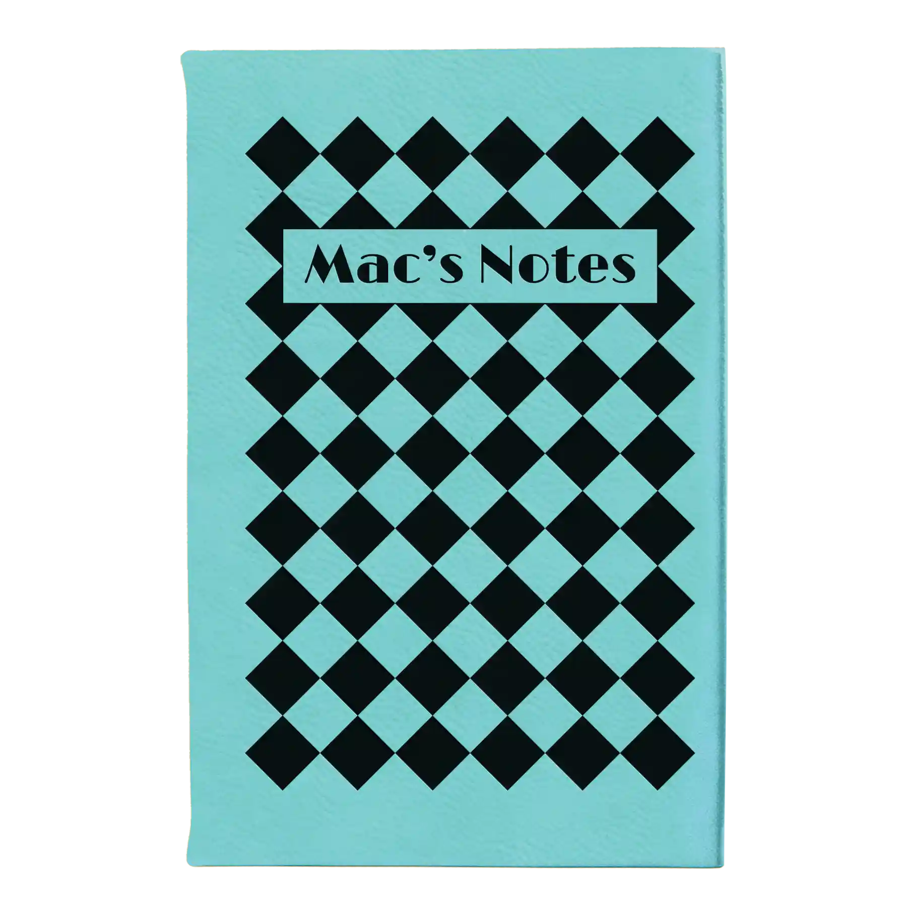 Small teal leatherette sketch book laser etched with 'Retro Checker' design