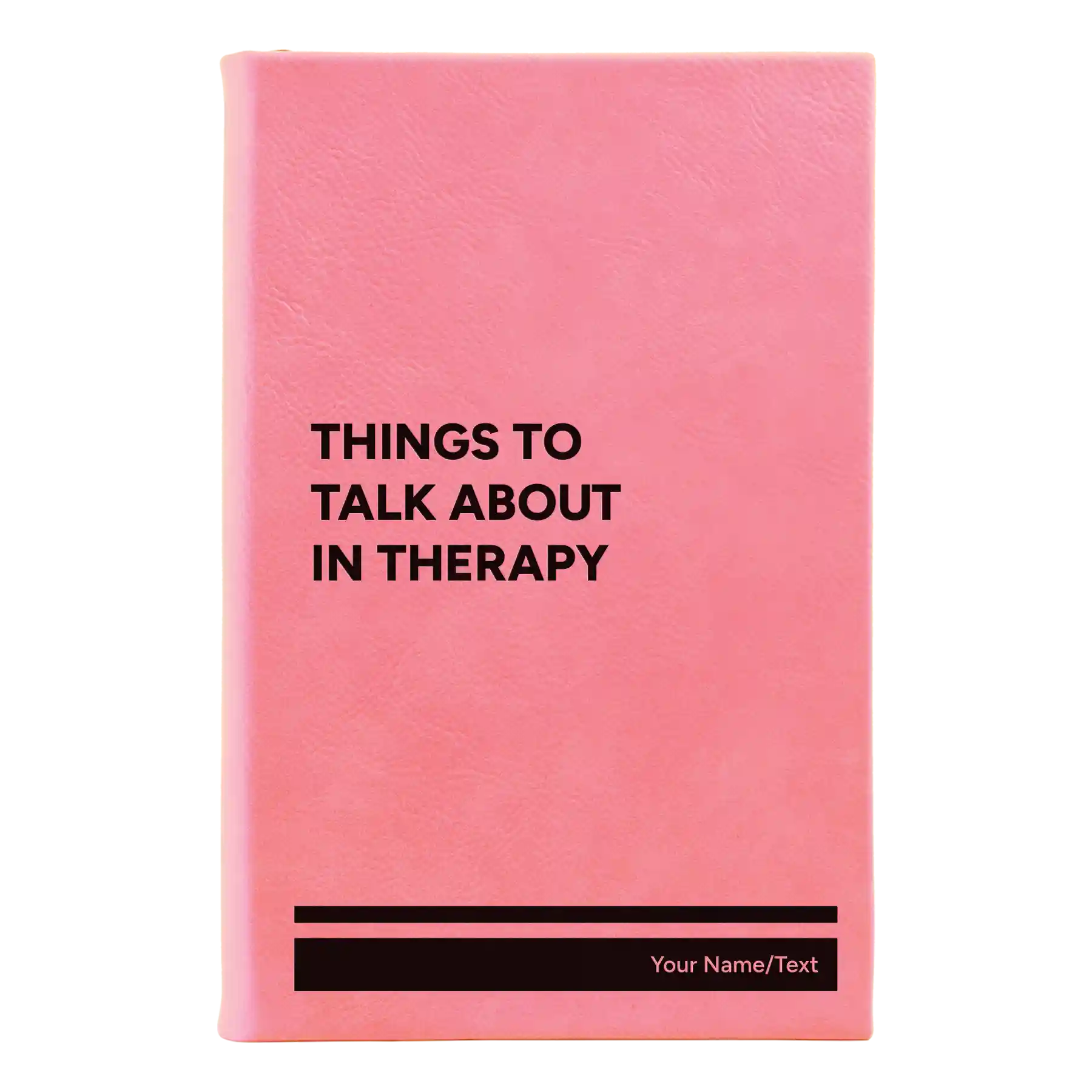 Small pink leatherette sketch book laser etched with 'Things to Talk About in Therapy' design