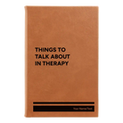 Small rawhide leatherette sketch book laser etched with 'Things to Talk About in Therapy' design