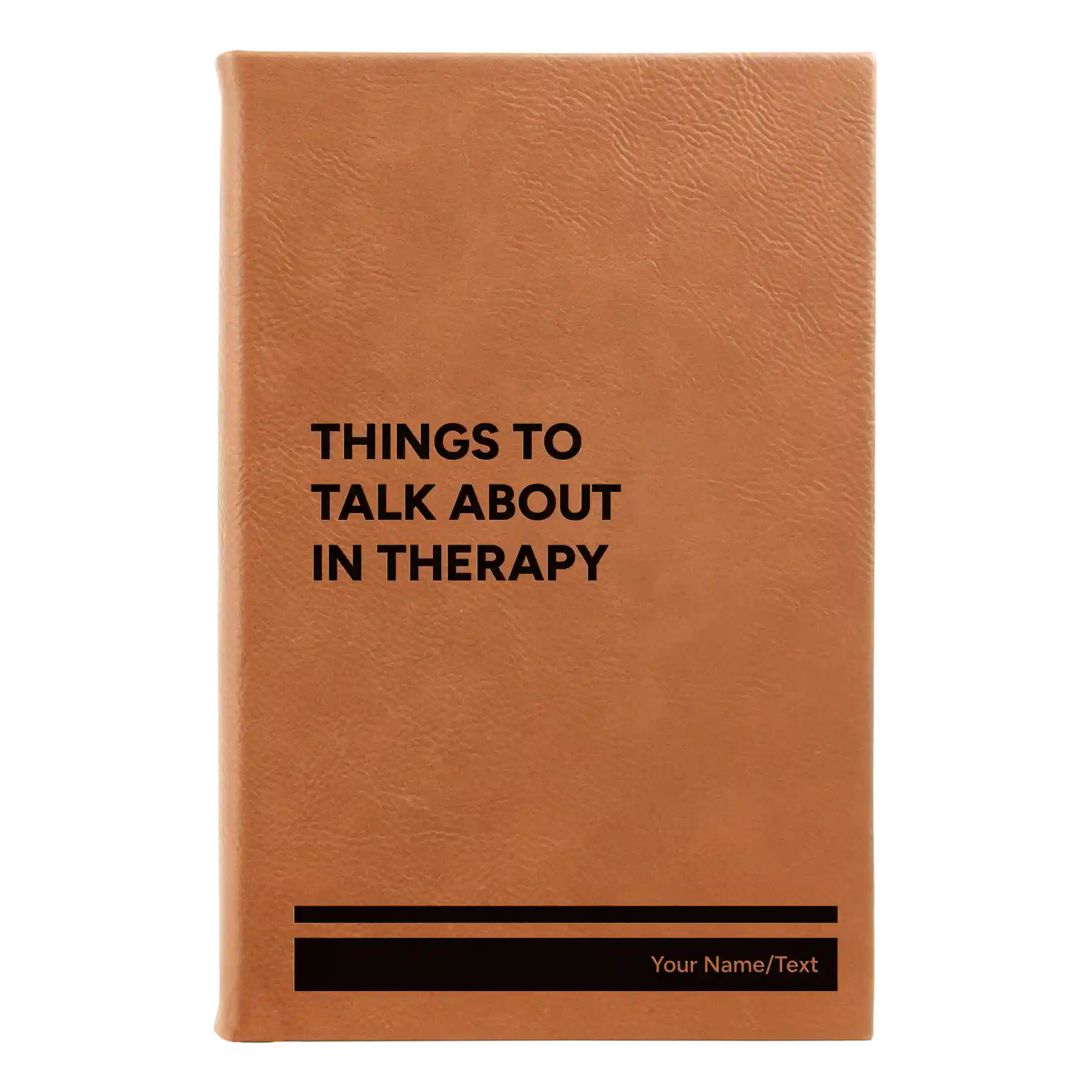 Small rawhide leatherette sketch book laser etched with 'Things to Talk About in Therapy' design