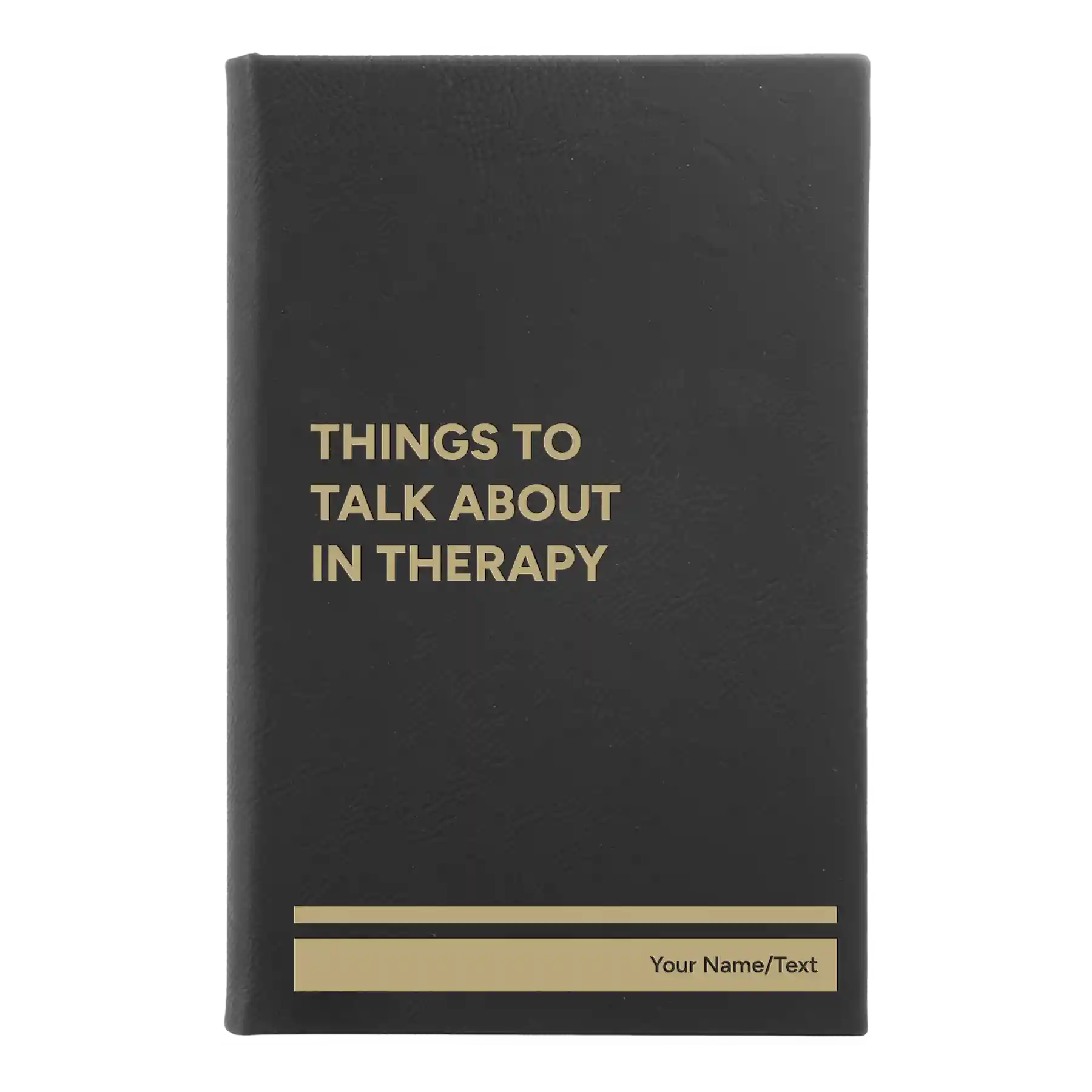 Small black/gold leatherette sketch book laser etched with 'Things to Talk About in Therapy' design