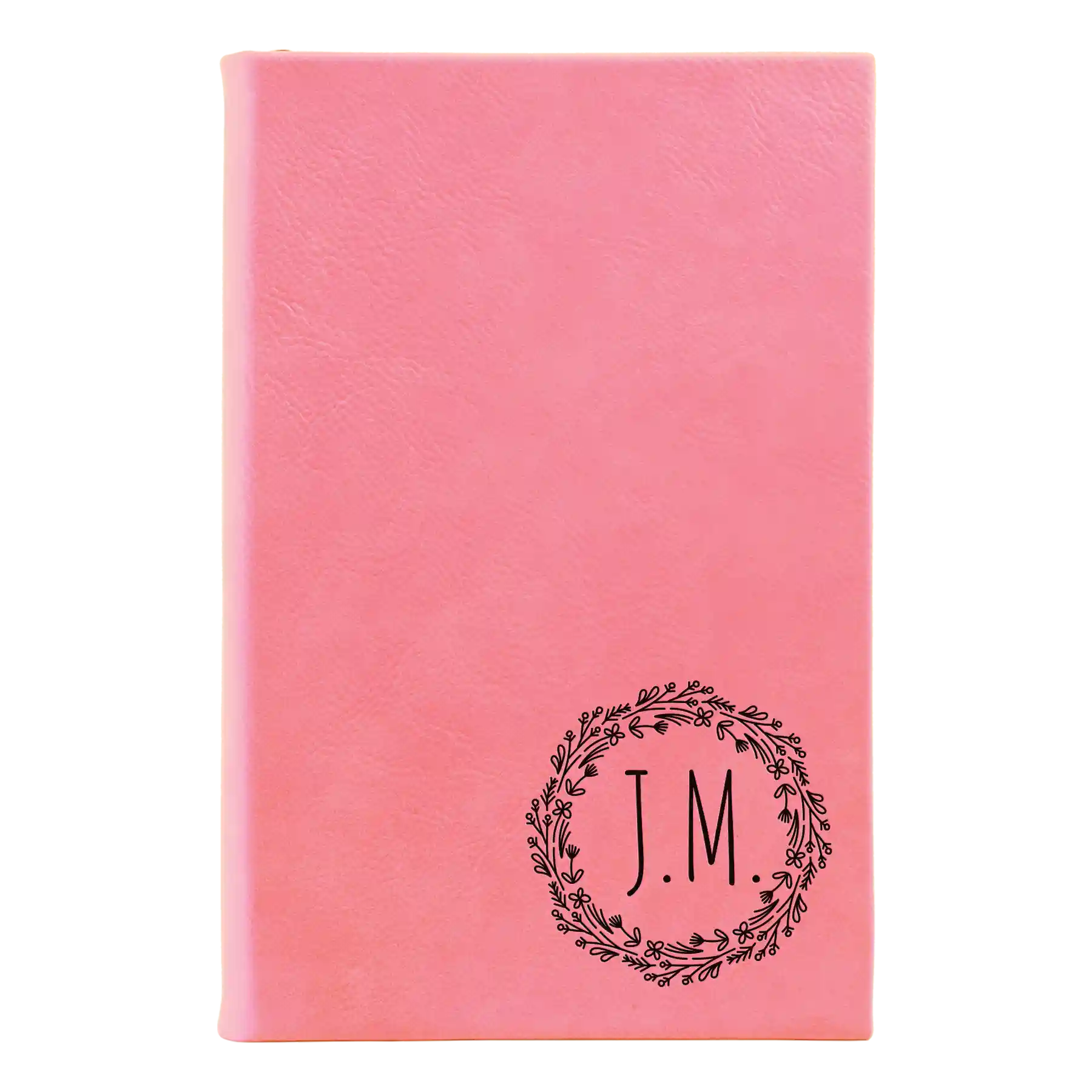 Small pink leatherette journal laser etched with 'Wreath Initials' design
