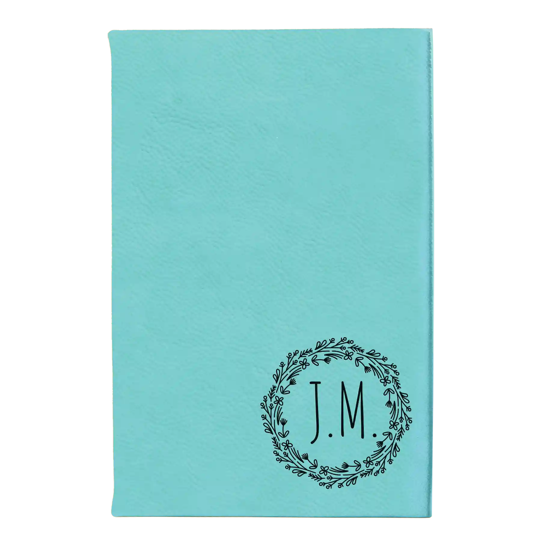 Small teal leatherette sketch book laser etched with 'Wreath Initials' design