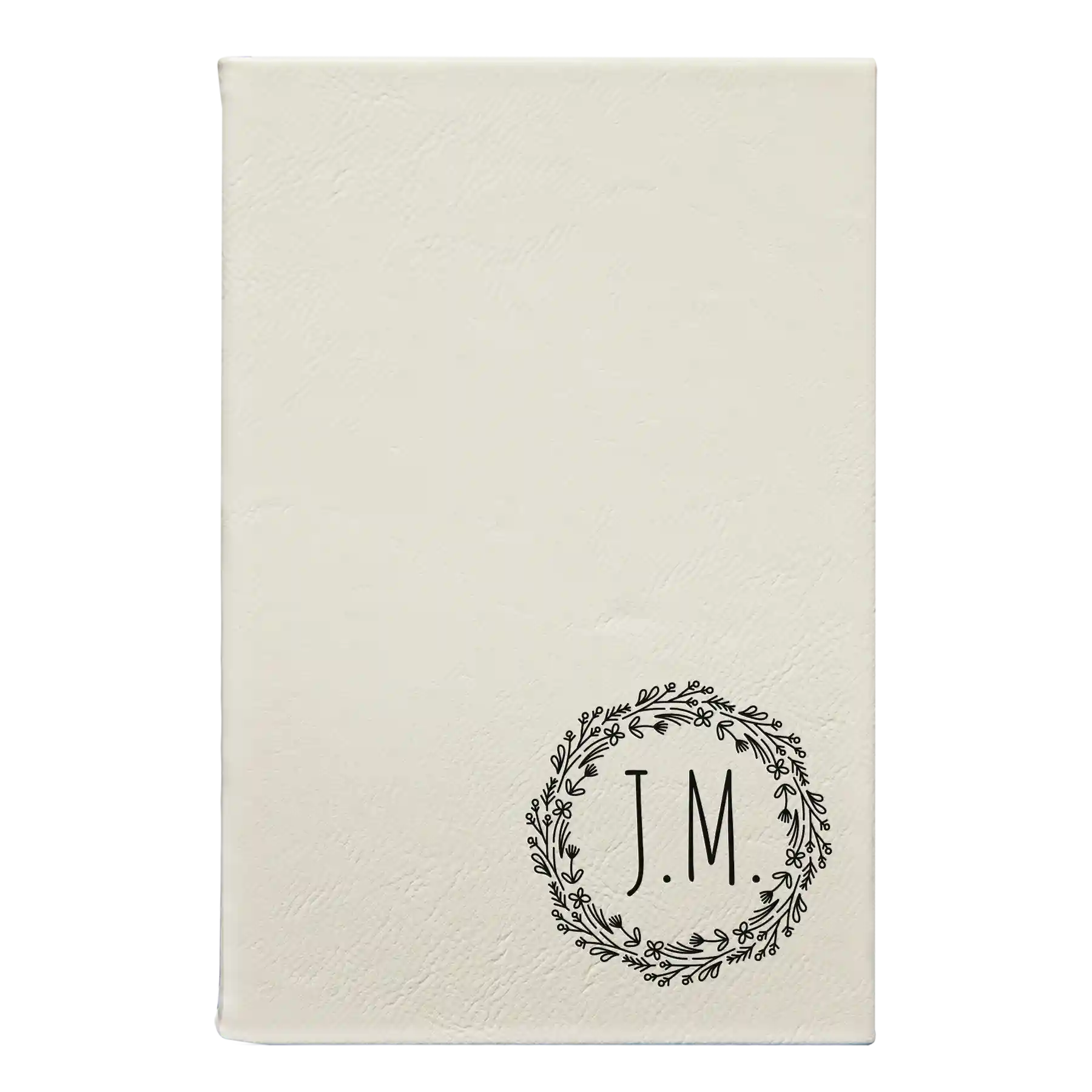 Small white leatherette sketch book laser etched with 'Wreath Initials' design
