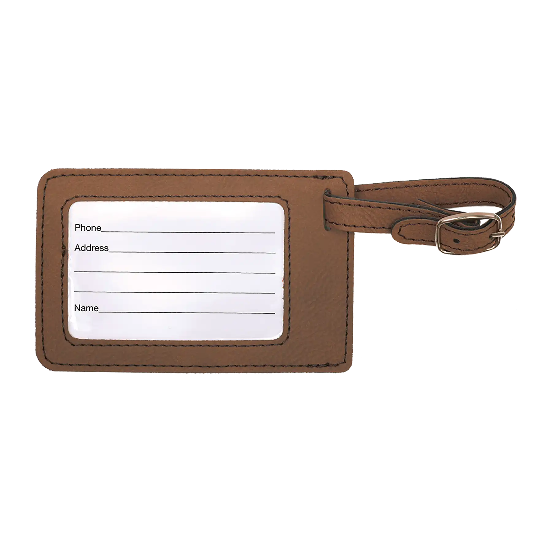 Back of dark brown leatherette luggage tag