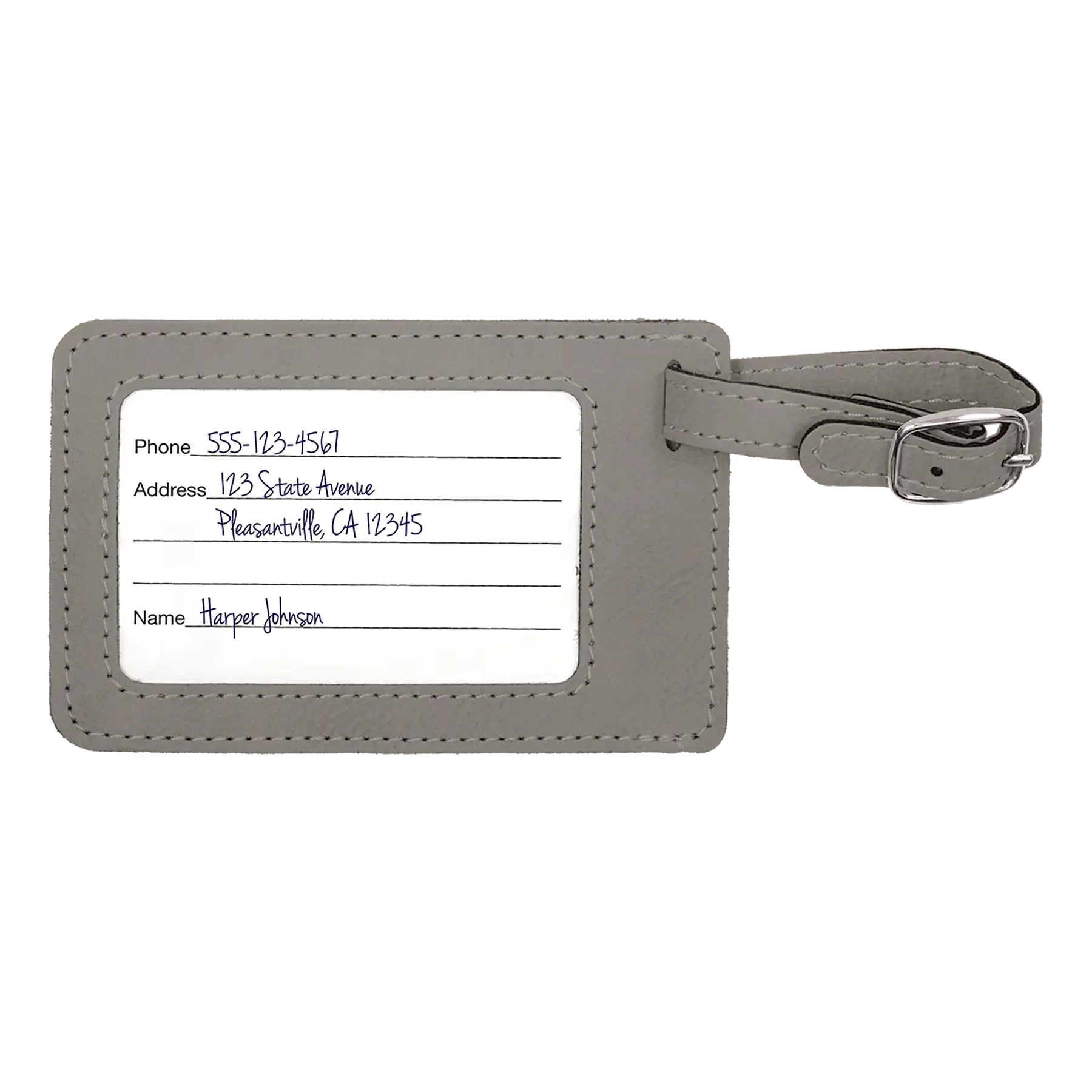 Back of gray leatherette luggage tag
