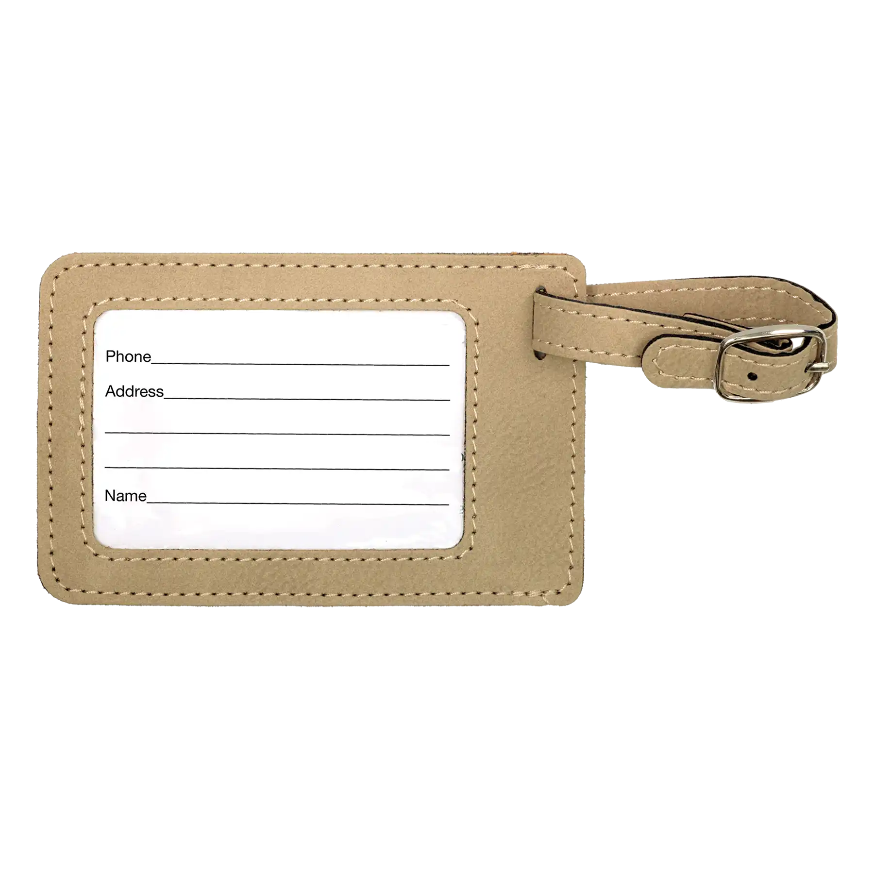 Back of light brown leatherette luggage tag