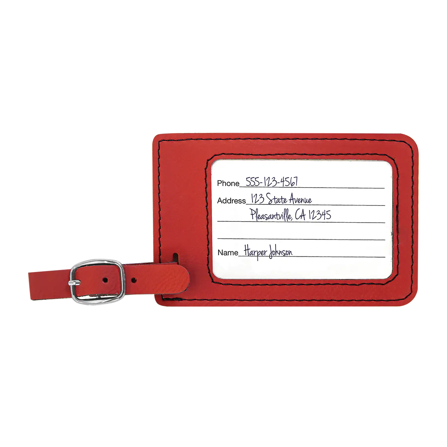 Personalized red leatherette luggage tag etched with with your logo, monogram, or design