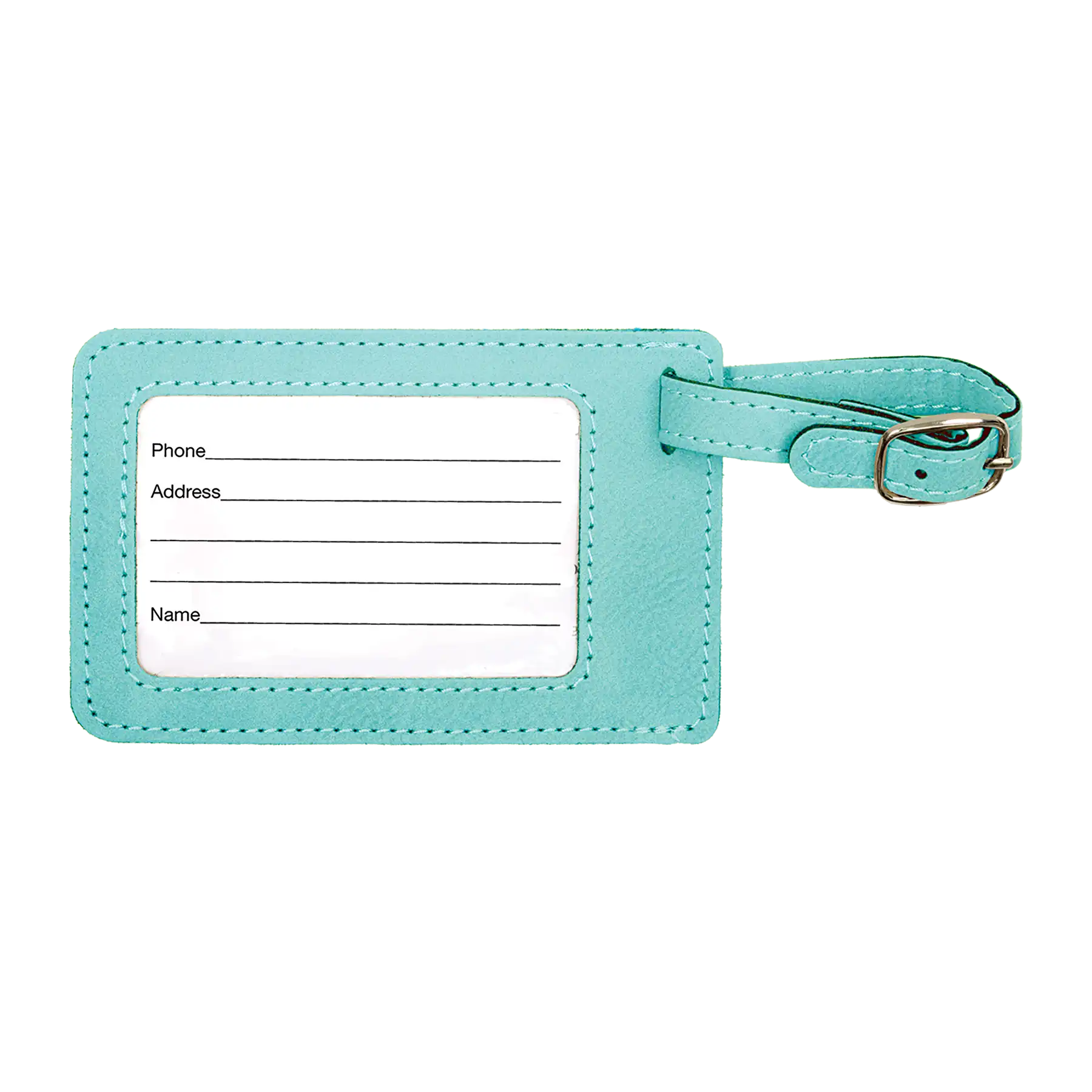 Back of teal leatherette luggage tag