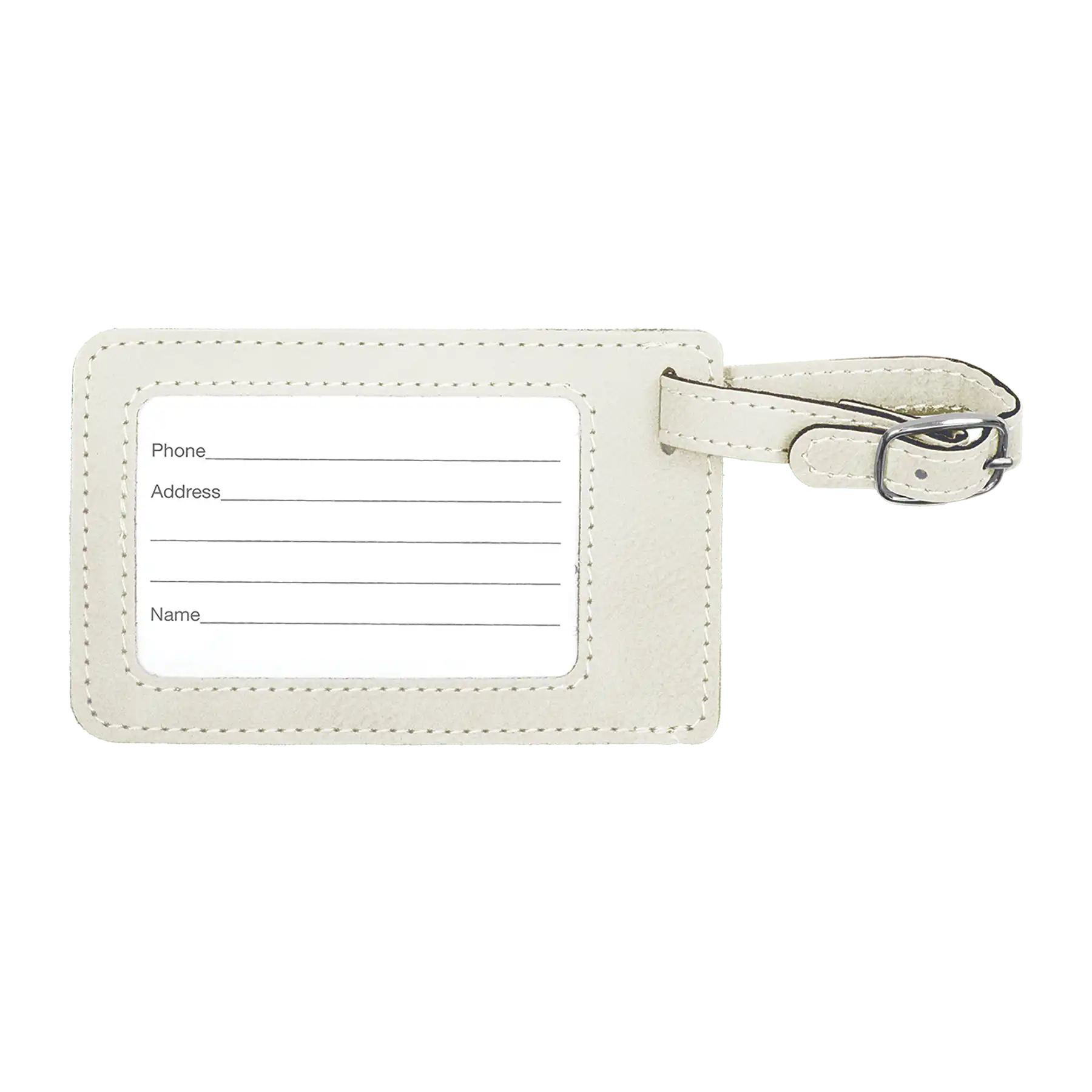 Back of white leatherette luggage tag