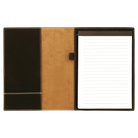 Open view of 7 x 9 canvas portfolio showing lined notepad, black/gold leatherette angled card pocket, and elastic pen loop.