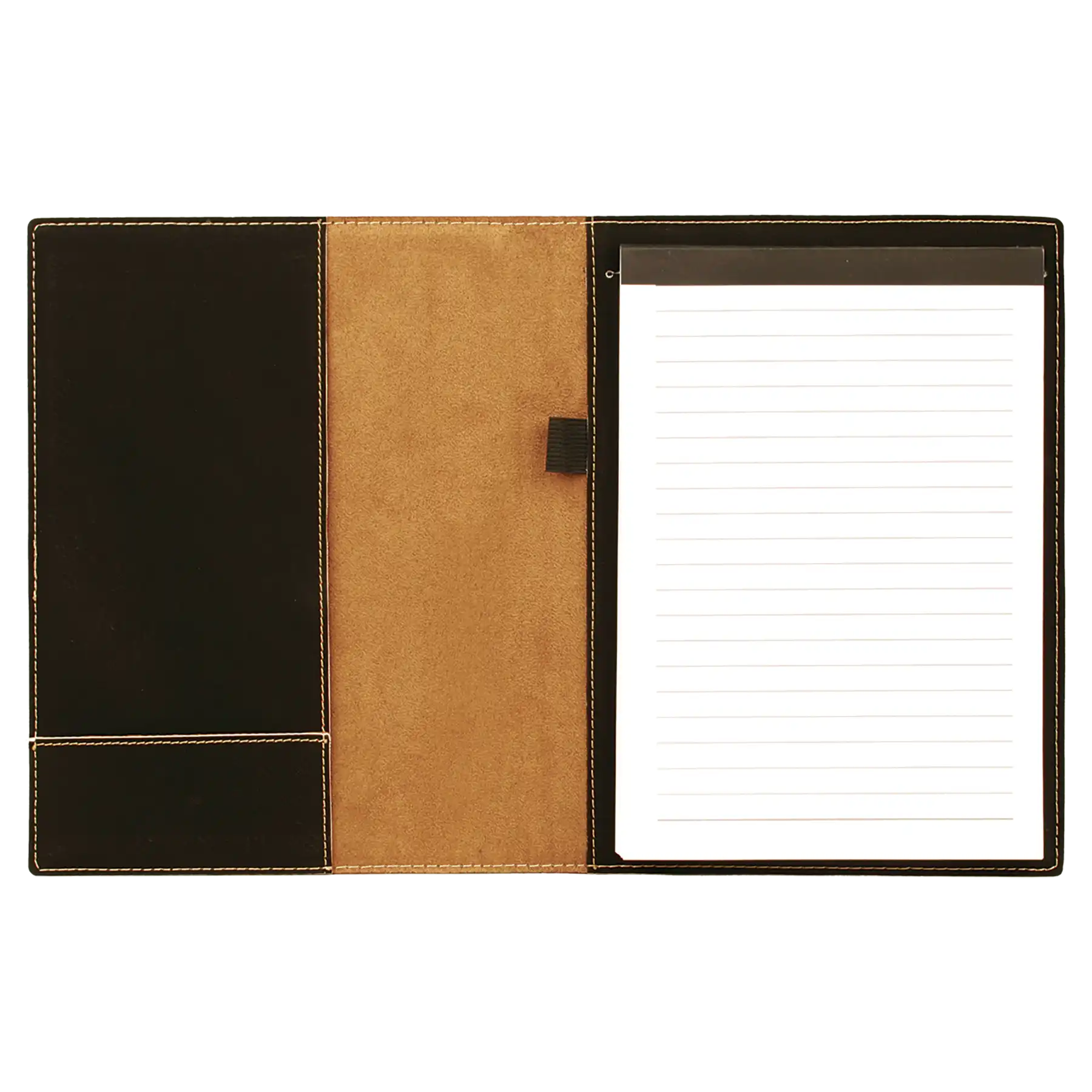 Open view of 7 x 9 canvas portfolio showing lined notepad, black/gold leatherette angled card pocket, and elastic pen loop.