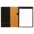 Open view of 7 x 9 canvas portfolio showing lined notepad, black/silver leatherette angled card pocket, and elastic pen loop.