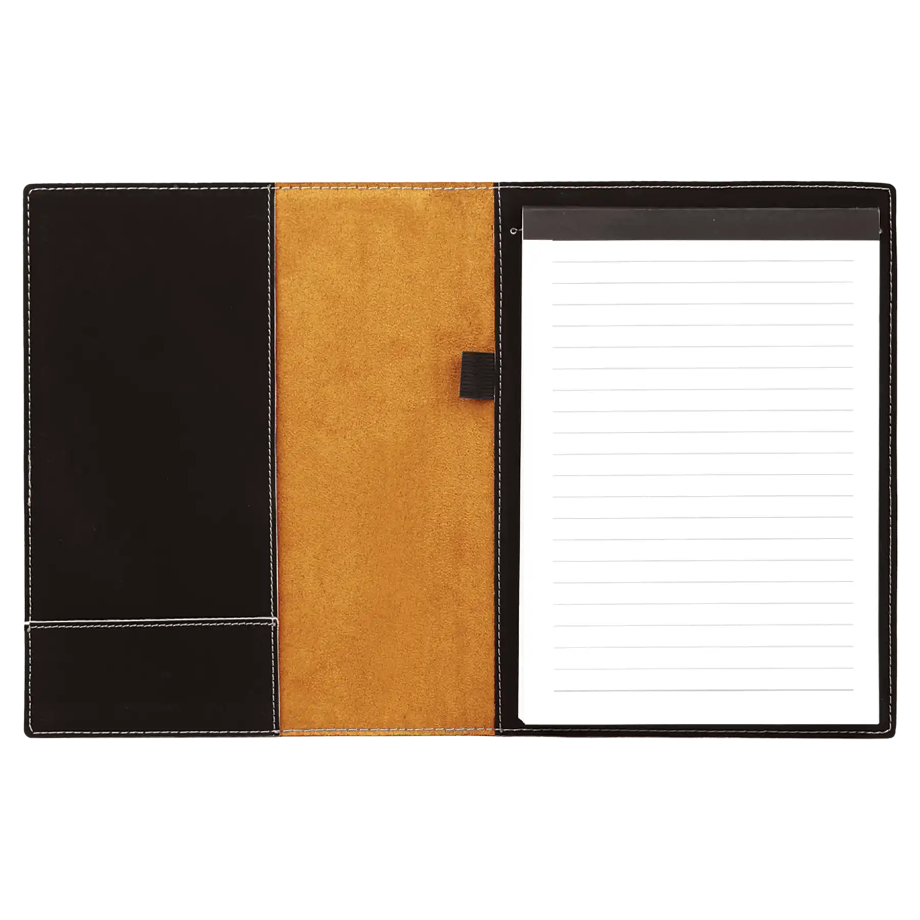 Open view of 7 x 9 canvas portfolio showing lined notepad, black/silver leatherette angled card pocket, and elastic pen loop.