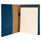 Open view of 7 x 9 canvas portfolio showing lined notepad, blue/black leatherette angled card pocket, and elastic pen loop.