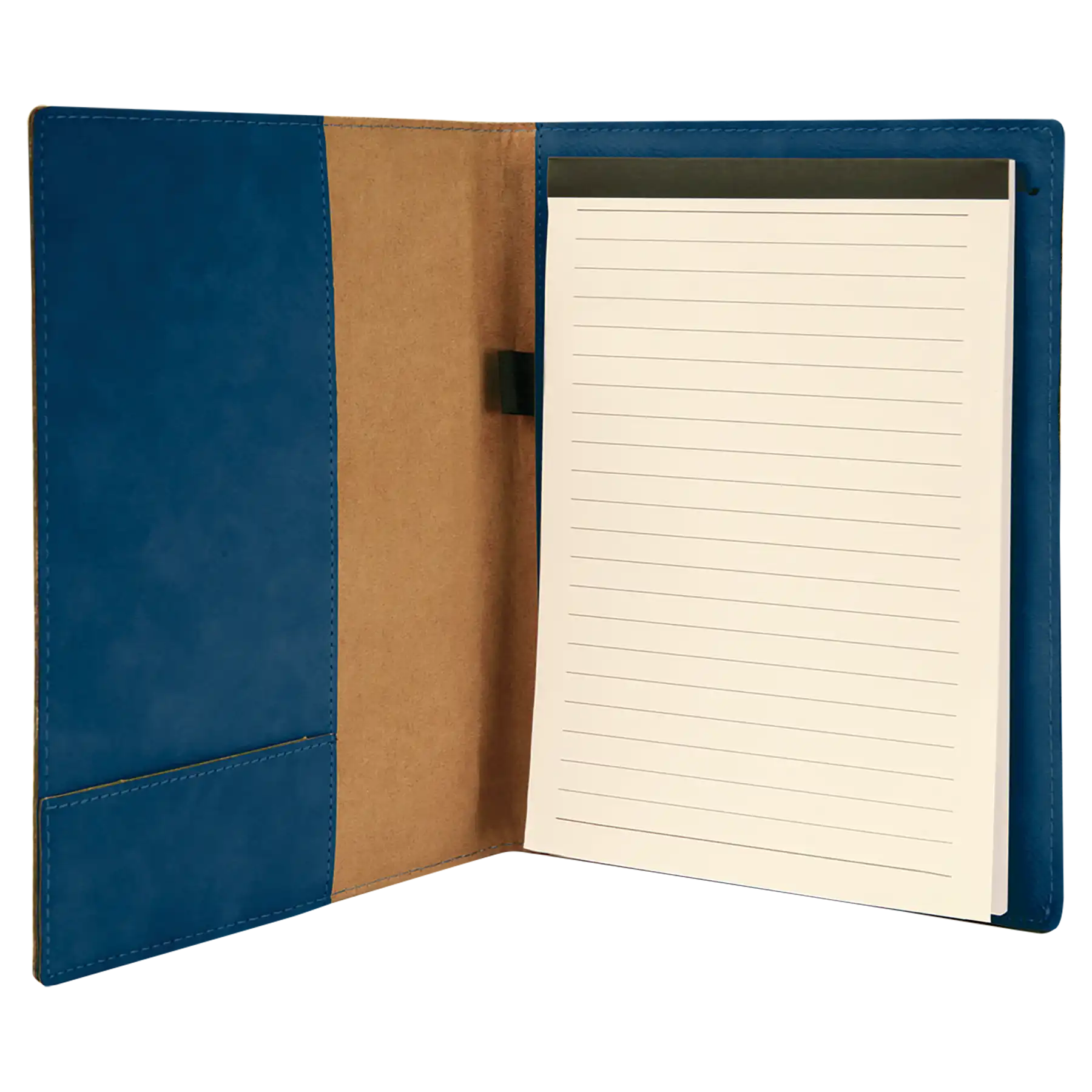 Open view of 7 x 9 canvas portfolio showing lined notepad, blue/black leatherette angled card pocket, and elastic pen loop.