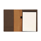 Open view of 7 x 9 canvas portfolio showing lined notepad, dark brown leatherette angled card pocket, and elastic pen loop.