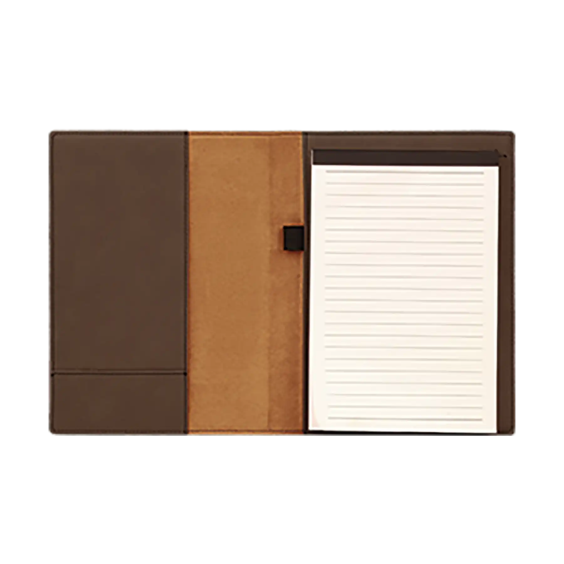 Open view of 7 x 9 canvas portfolio showing lined notepad, dark brown leatherette angled card pocket, and elastic pen loop.