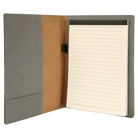 Open view of 7 x 9 canvas portfolio showing lined notepad, gray leatherette angled card pocket, and elastic pen loop.