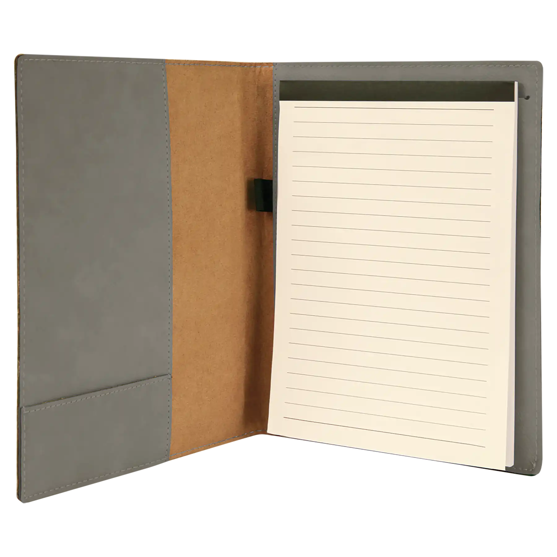 Open view of 7 x 9 canvas portfolio showing lined notepad, gray leatherette angled card pocket, and elastic pen loop.