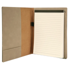 Open view of 7 x 9 canvas portfolio showing lined notepad, light brown leatherette angled card pocket, and elastic pen loop.