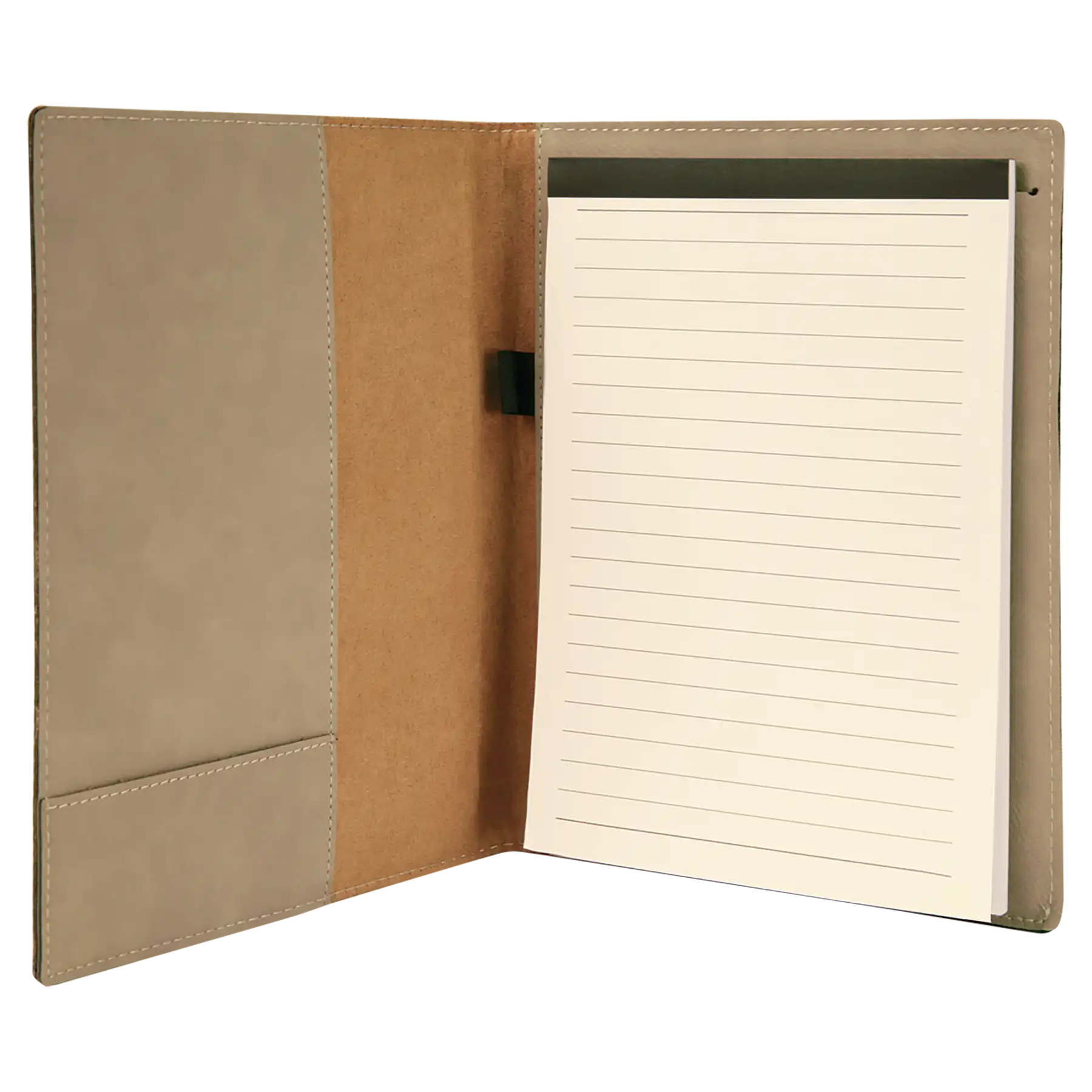 Open view of 7 x 9 canvas portfolio showing lined notepad, light brown leatherette angled card pocket, and elastic pen loop.