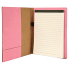 Open view of 7 x 9 canvas portfolio showing lined notepad, pink leatherette angled card pocket, and elastic pen loop.