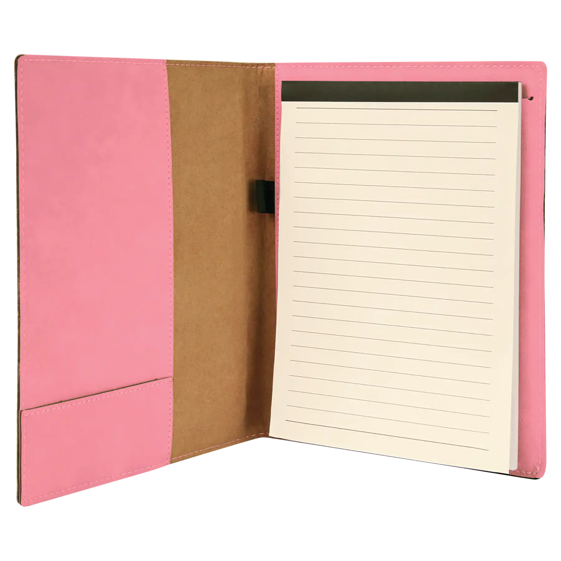 Open view of 7 x 9 canvas portfolio showing lined notepad, pink leatherette angled card pocket, and elastic pen loop.