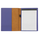 Open view of 7 x 9 canvas portfolio showing lined notepad, purple leatherette angled card pocket, and elastic pen loop.