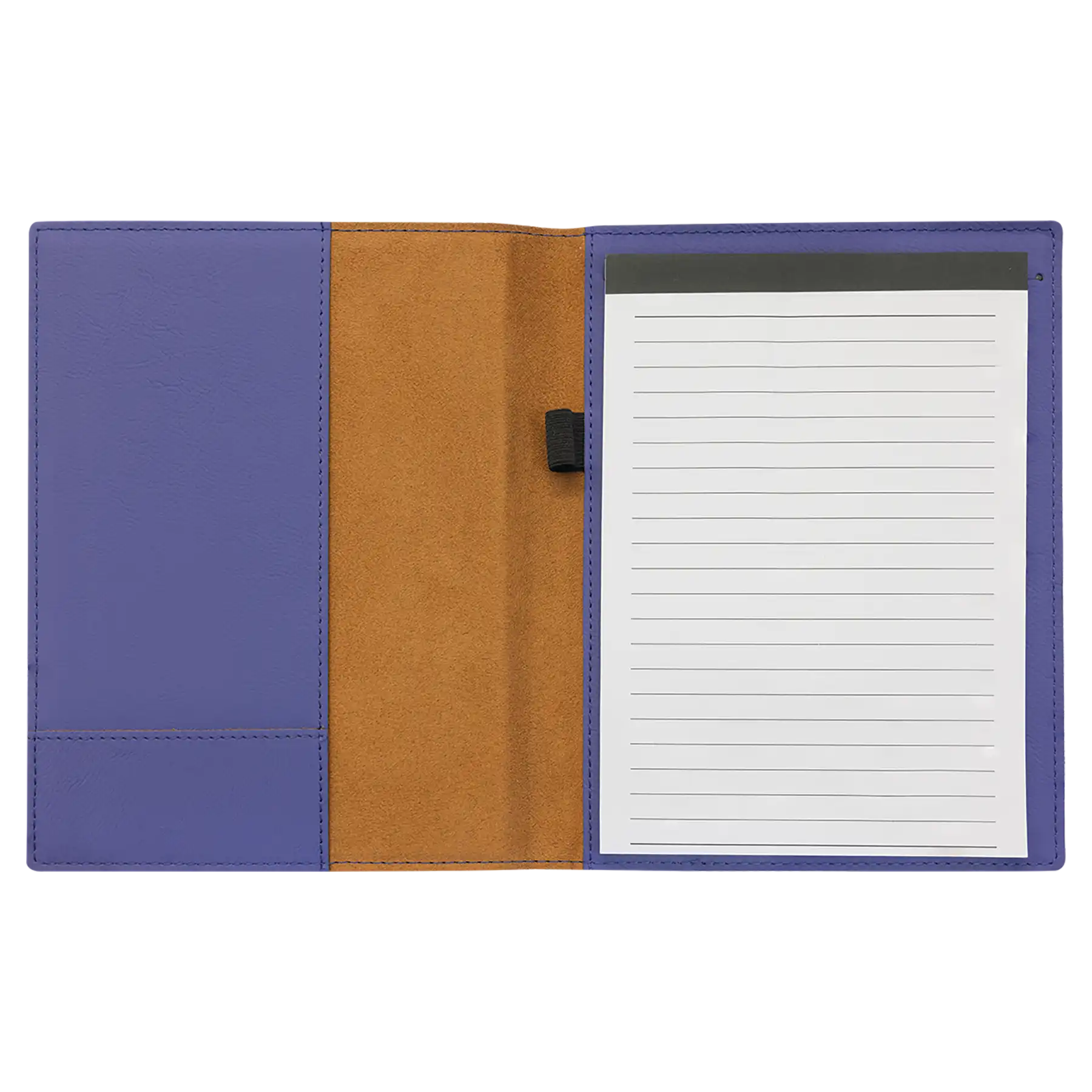 Open view of 7 x 9 canvas portfolio showing lined notepad, purple leatherette angled card pocket, and elastic pen loop.