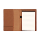 Open view of 7 x 9 canvas portfolio showing lined notepad, rawhide leatherette angled card pocket, and elastic pen loop.