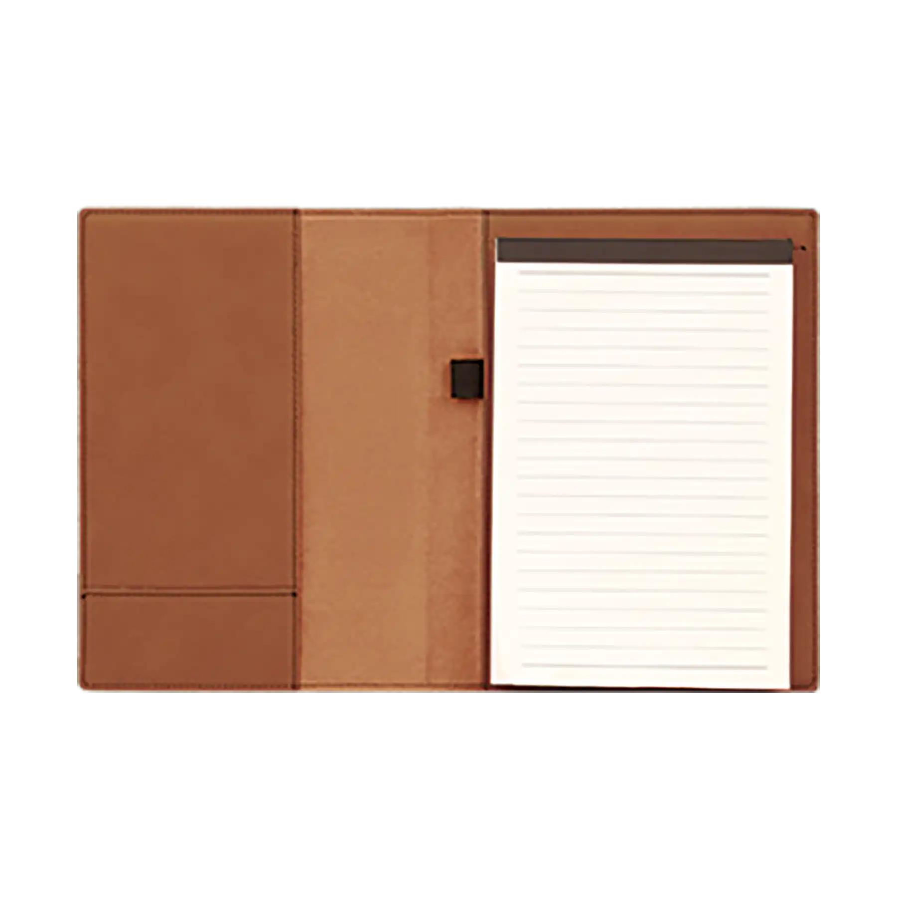 Open view of 7 x 9 canvas portfolio showing lined notepad, rawhide leatherette angled card pocket, and elastic pen loop.